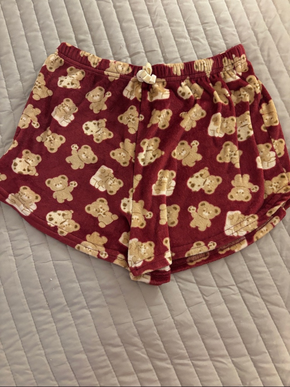 Cozy Teddy Bear Print Lounge Shorts in Burgundy
